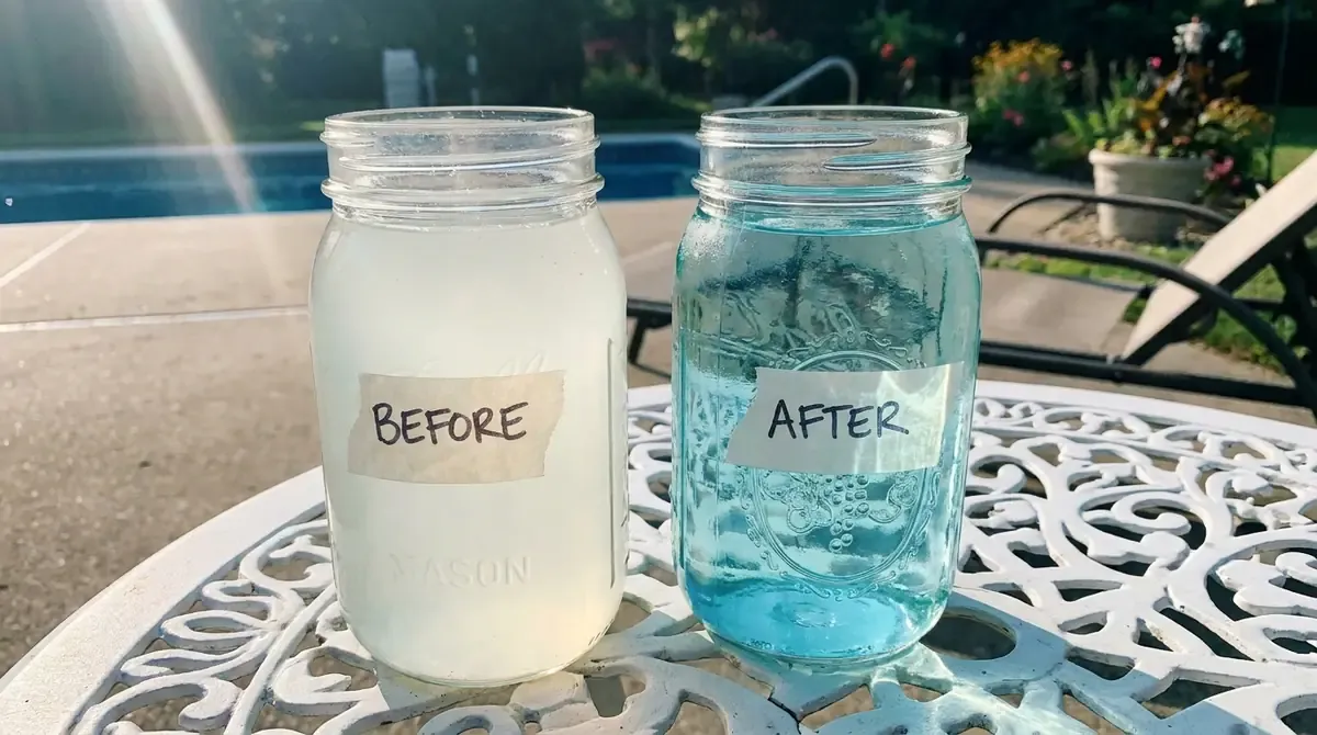 cloudy pool water sample next to clear water in mason jars