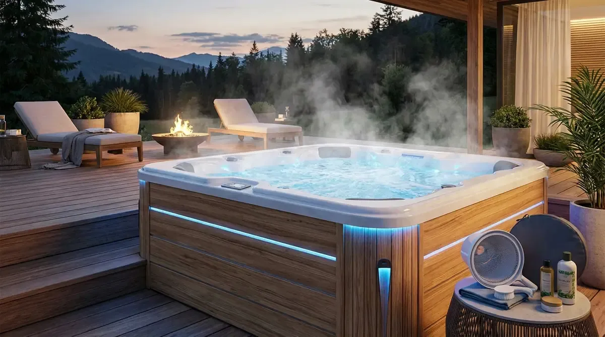 modern hot tub spa with crystal clear bubbling water at dusk