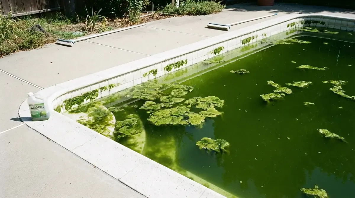 swimming pool with green algae contaminated water needing treatment