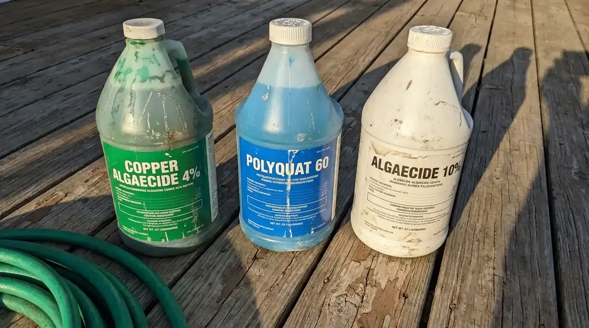 three pool algaecide bottles lined up on weathered wooden deck