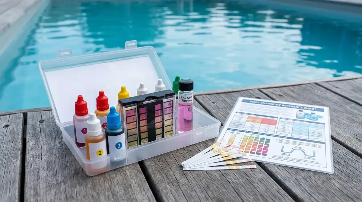 pool chemistry test kit with FAS-DPD titration vial and reference chart