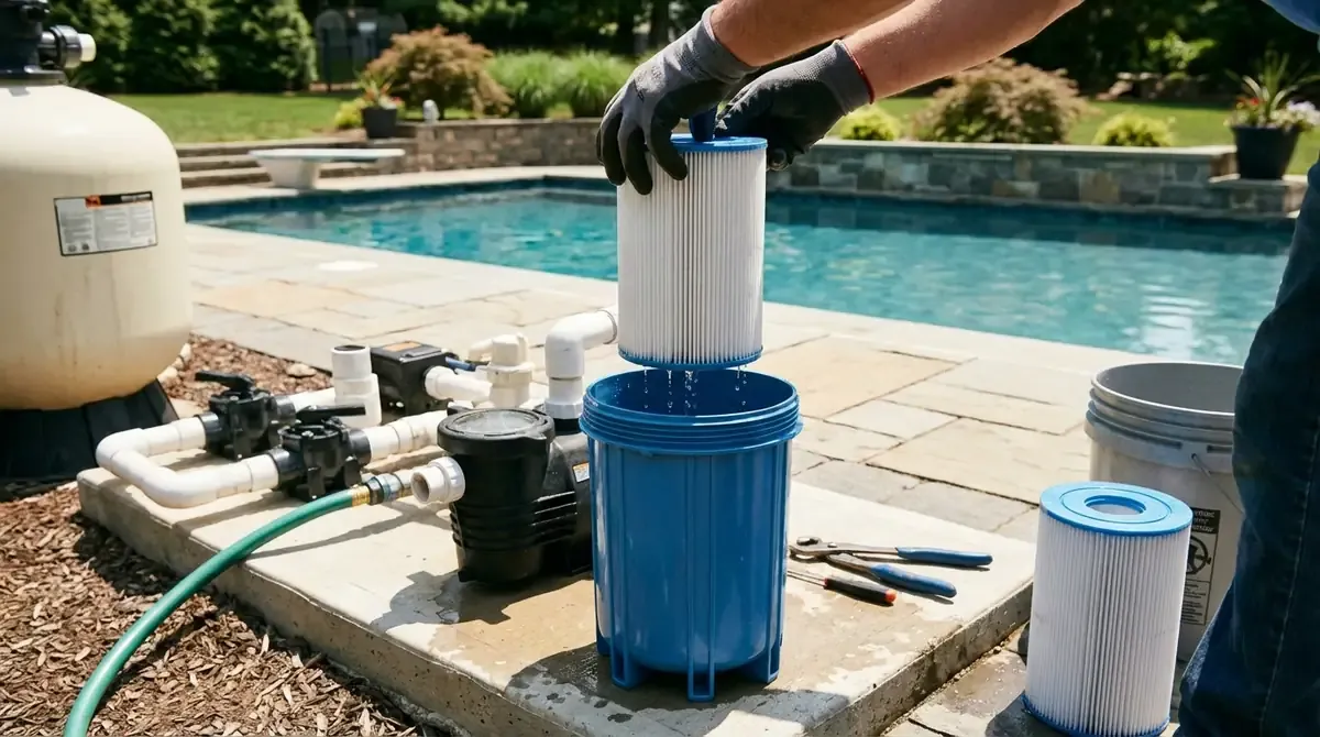 pool cartridge filter being removed from blue filter housing