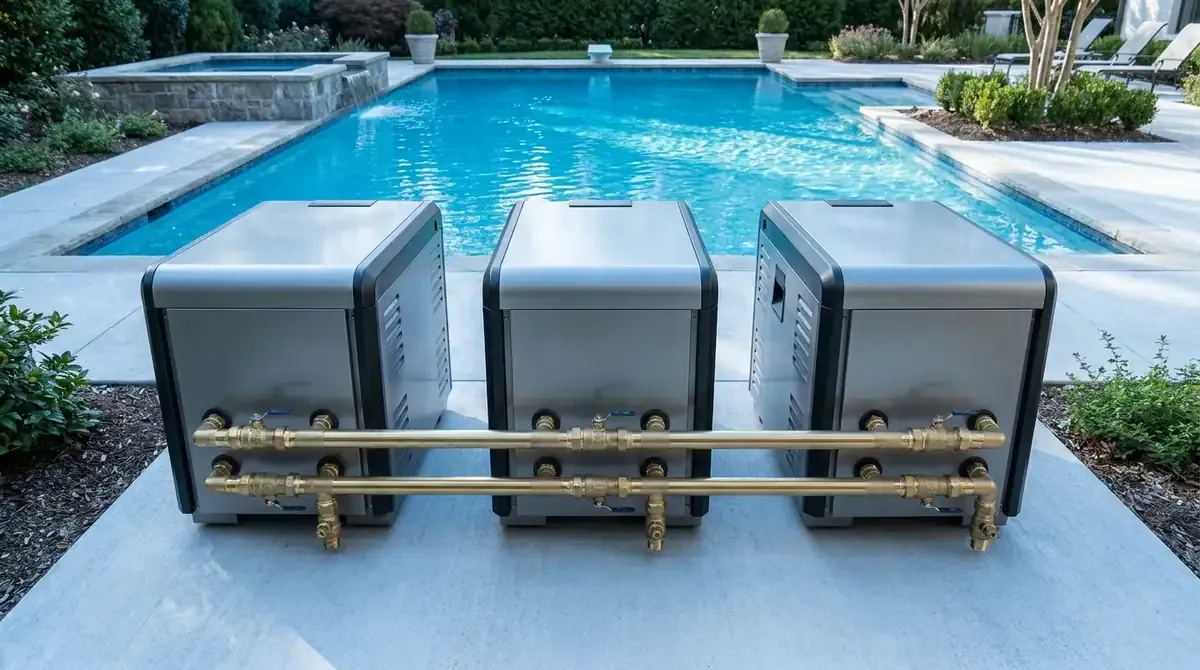 three residential pool heater units side-by-side on concrete equipment pad