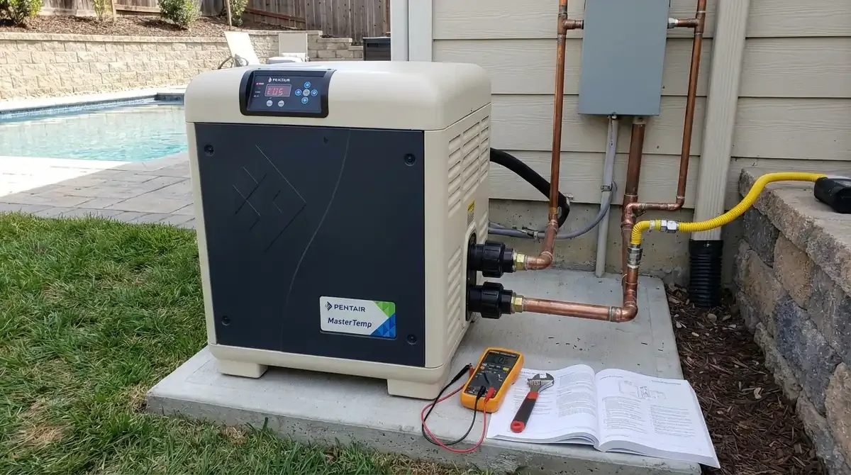 residential pool heater unit with control panel on equipment pad