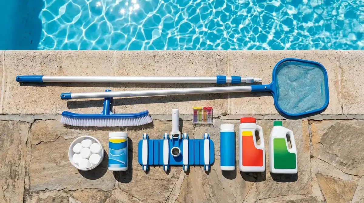 pool maintenance tools and equipment laid out on pool deck