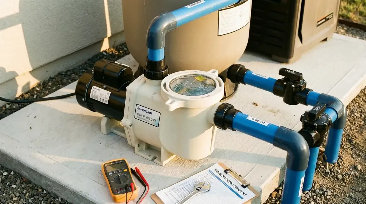 pool pump motor with multimeter on concrete equipment pad