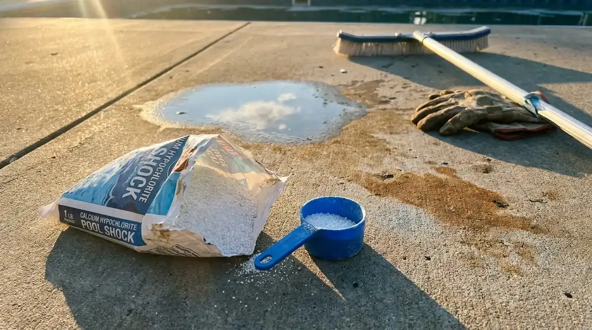 opened cal-hypo shock bag with blue measuring scoop on pool deck