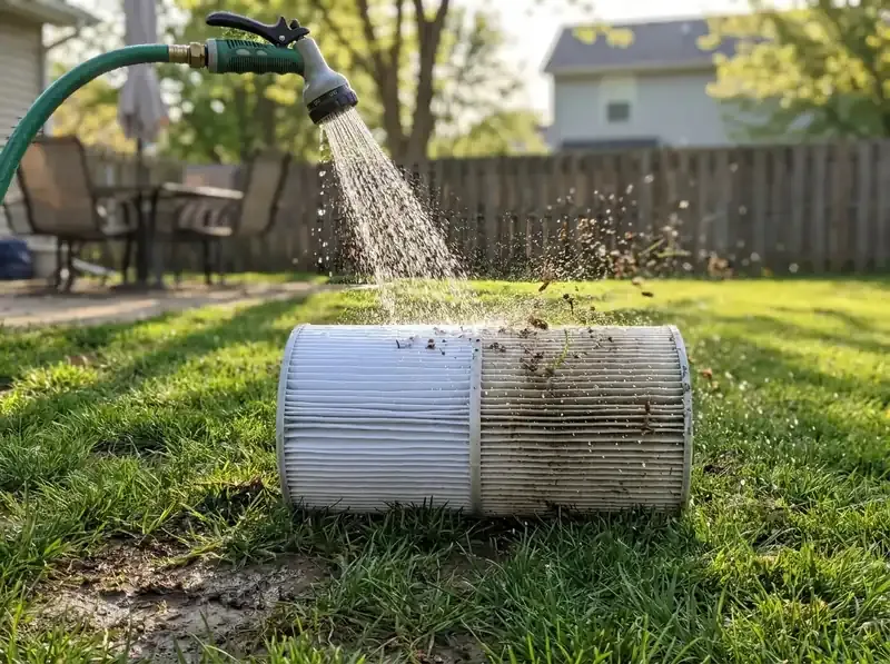 dirty pool cartridge filter being rinsed with garden hose showing pleated fabric